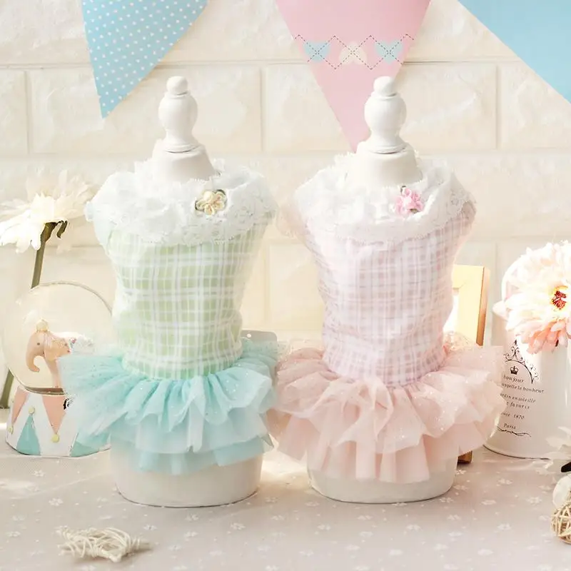 

Lace Flower Grid Plaid Girl Female Dog Dress Clothing For Dogs Puppy Dog Cat Pet Chihuahua Teddy Clothes Apparel Cotton Princess