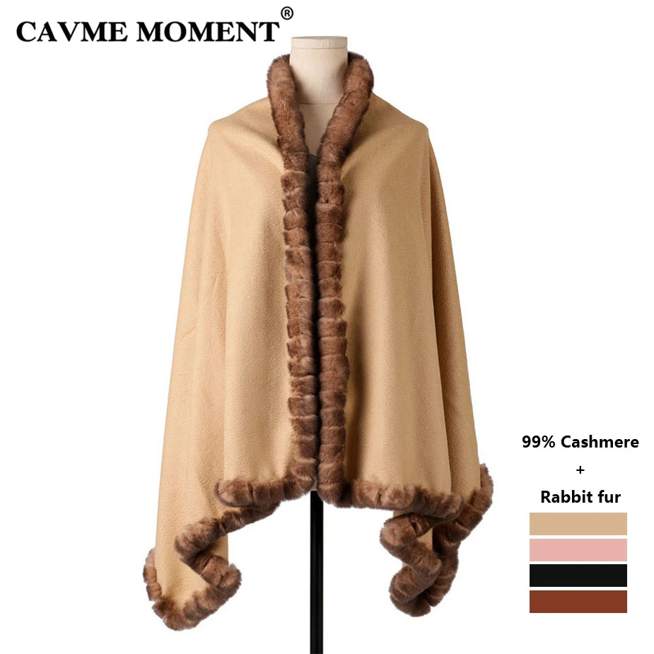 

CAVME 99% Cashmere Poncho Pashmina Luxury Scarf for Women Largue Scarves Elegant Real Fur Wraps Shawl Solid Color