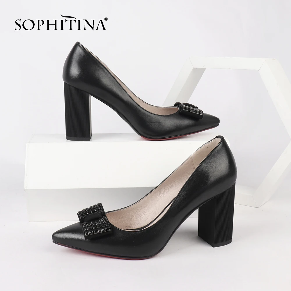 SOPHITINA/модные туфли-лодочки с аппликацией; высококачественные туфли из натуральной кожи на высоком тонком каблуке с острым носком; новые специальные женские туфли-лодочки; SC158