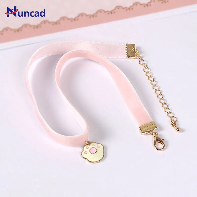 

Newest Hot Cute Kawaii Pink Velvet Rope Necklace Sakura Cat Paw Star Wing Pendant Chokers Necklaces For Girls