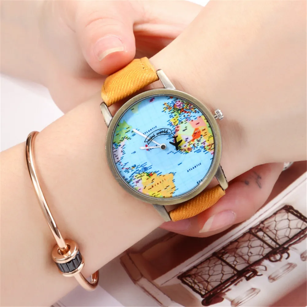

Ladies Watch World Map Quartz Watch Men Map Airplane Travel Around The World Women Leather Dress Wrist Watches