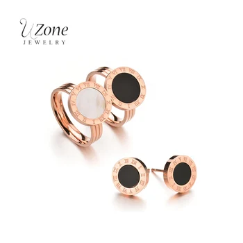 

Famous Brand Roman Numberal Wedding Jewelry Set Midi Ring Shell 361L Stainless Steel Earring Ring for Women Gift