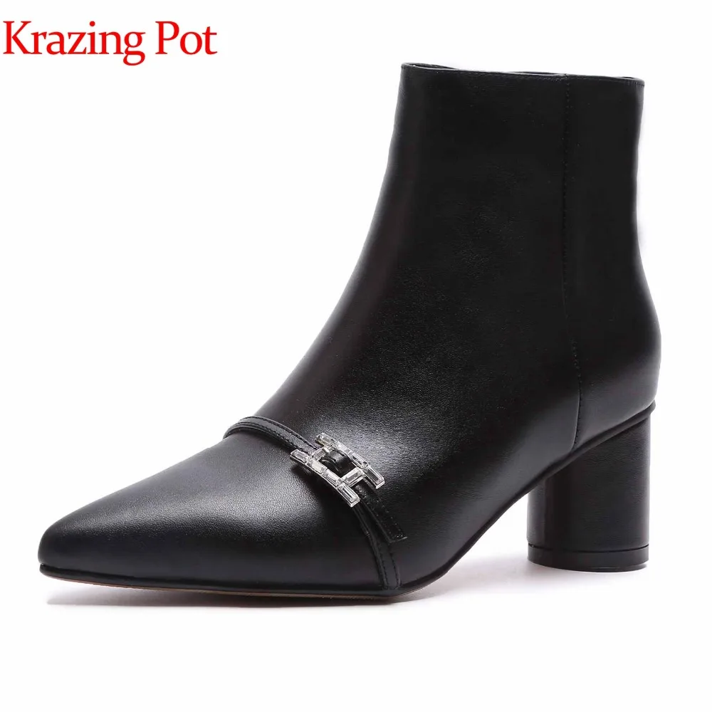 

Krazing pot genuine leather beauty office lady boots fashion gladiator pointed toe round heels diamond buckle ankle Boots L8f6