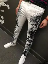 White spring thin European Snakeskin print straight jeans mens slim elastic denim pants male jeans feet