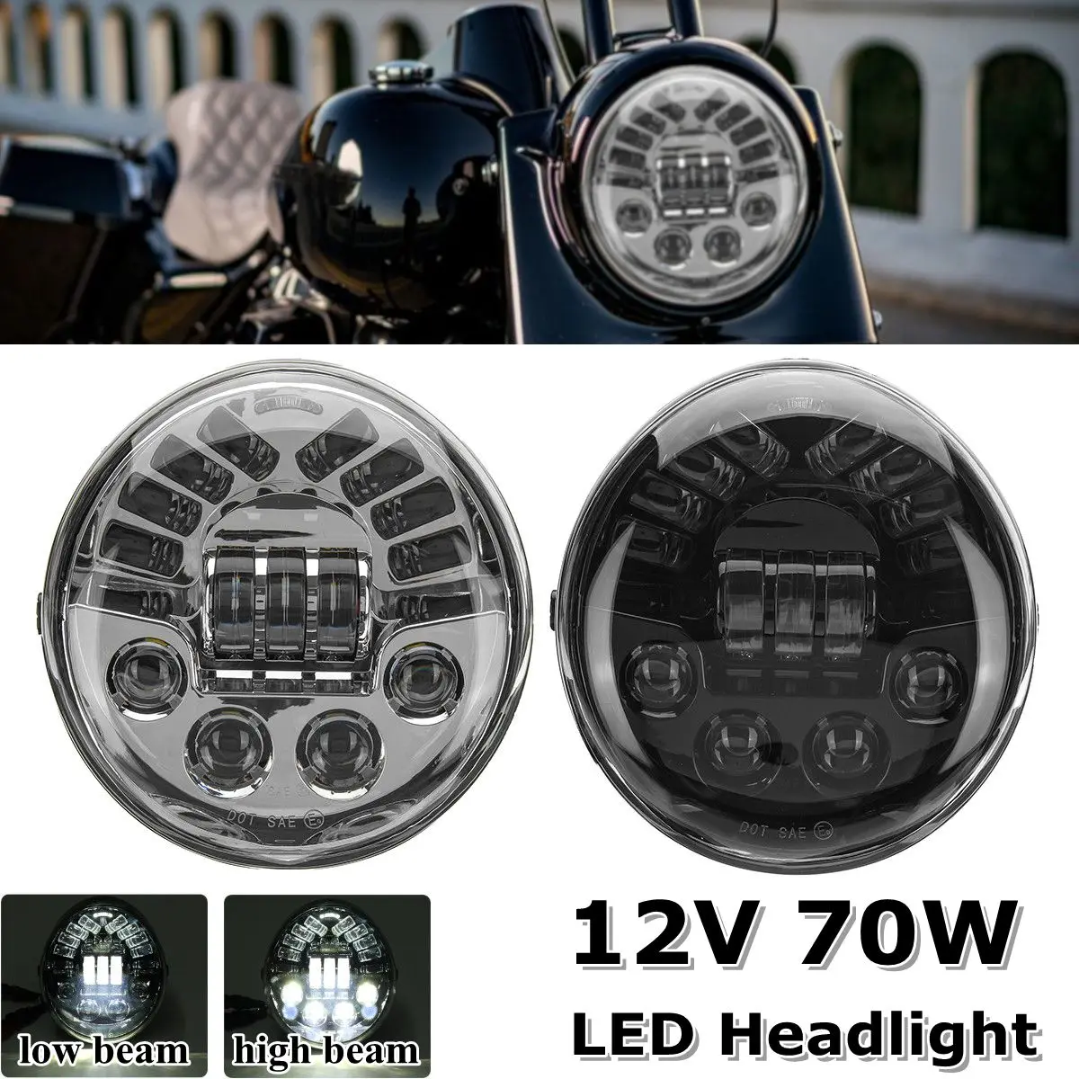 

Black/Chrome 12V 70W Motorcycle LED Headlights Lamp Projector Hi/Lo Beam For Harley V-Rod