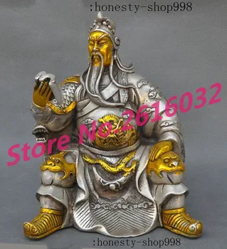 

wedding decoration 8"Old Chinese Silver Gilt Dragon Guan Gong Guan Yu Warrior God Read Book Statue Christmas