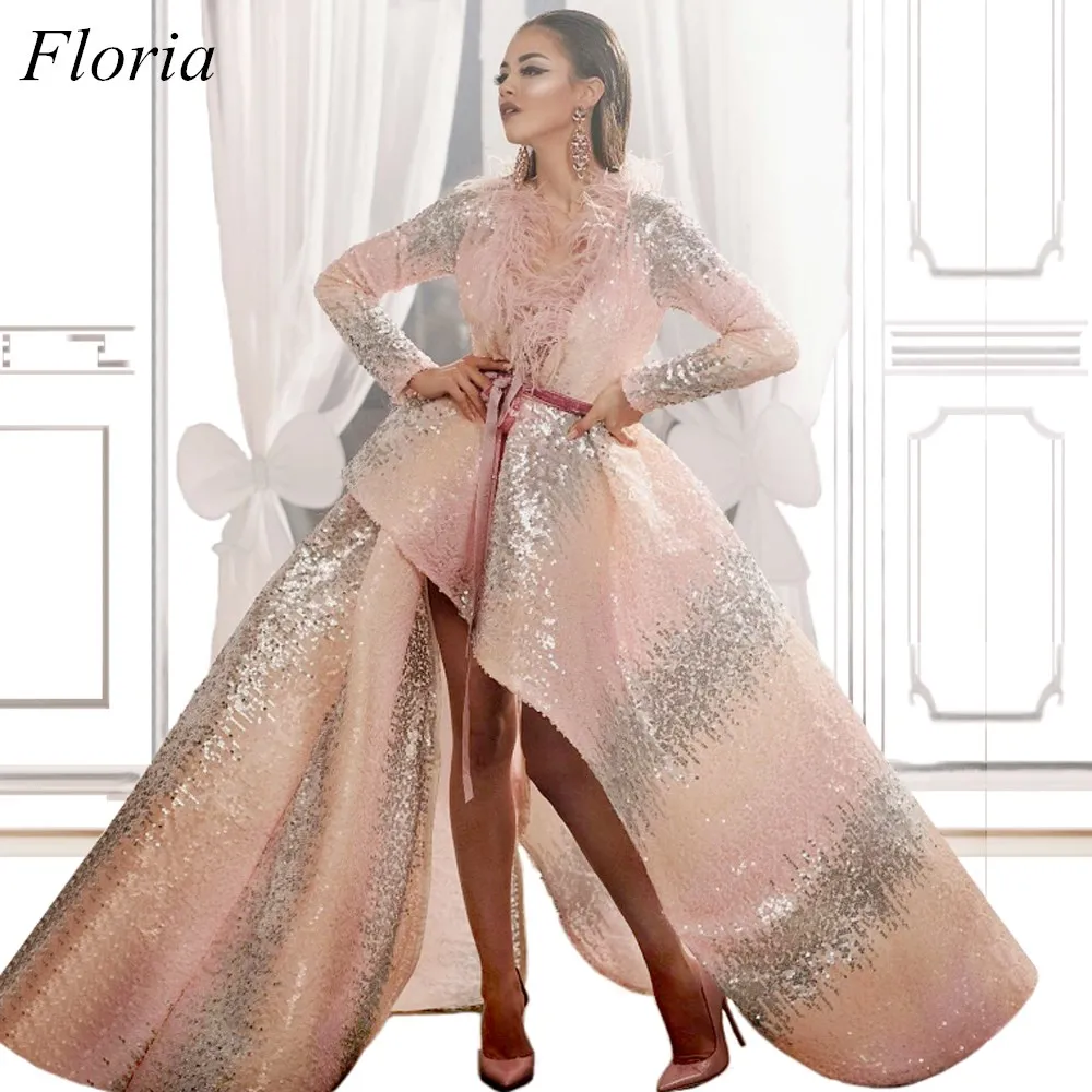 Высокая Мода Hi-Lo Sequin celebrity платья глубокий v-образный вырез Длинные рукава перо формальные красные ковры сбежавшая церемония платья