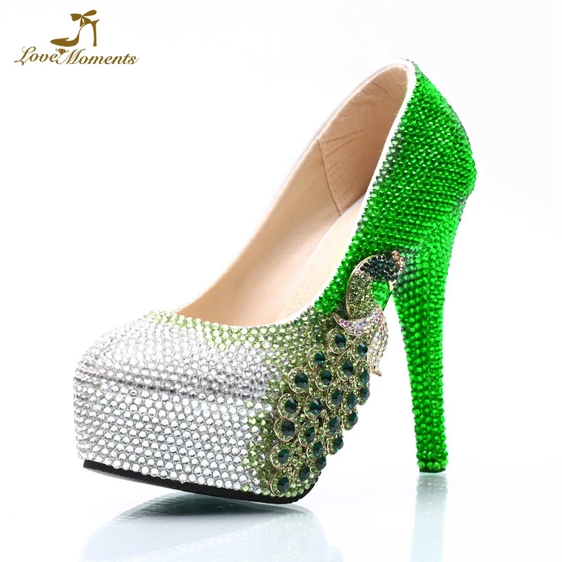 

Plus Size 45 Wedding Bridal Shoes Green Rhinestone with Silver Color Party Prom Shoes Phoenix Customized Birthday Party Pumps