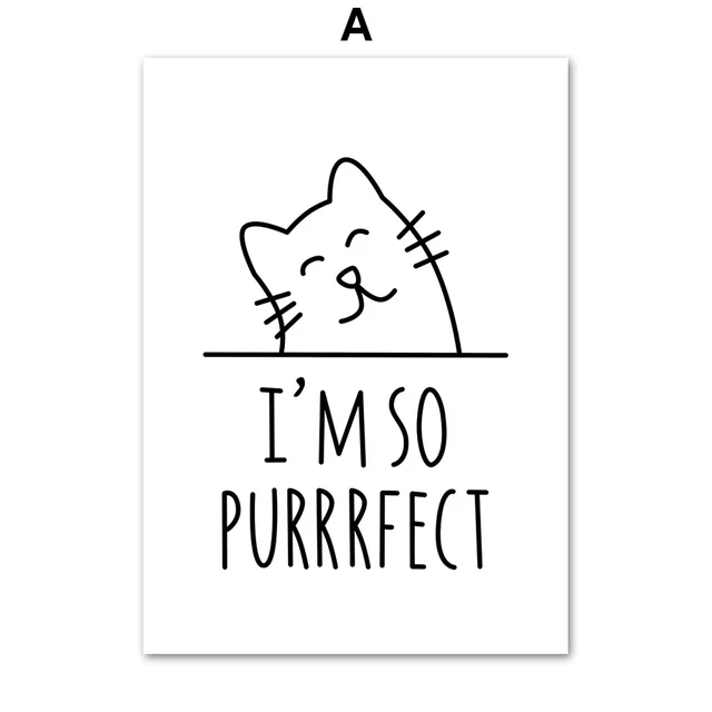 Cartoon Black White Cat Quotes Wall Art Canvas Painting Nordic Posters