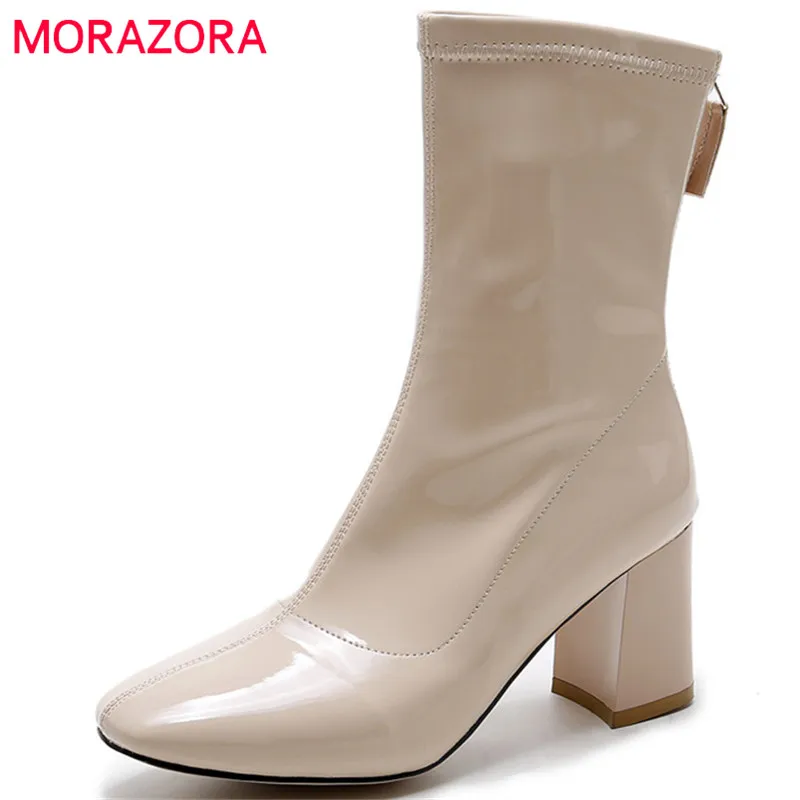 

MORAZORA 2019 new arrival ankle boots women top quality patent leather boots square toe autumn shoes woman high heels booties