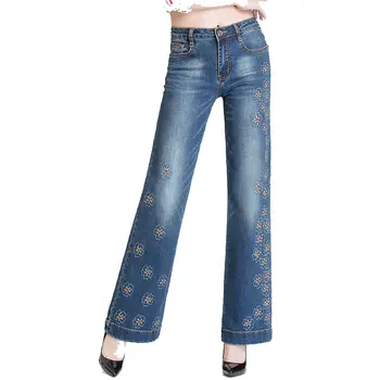 

Autumn Blue Loose Trousers High Waist Embroidered Ladies Tassel Flare Pants Feminine Pants Office Work Wear Pants