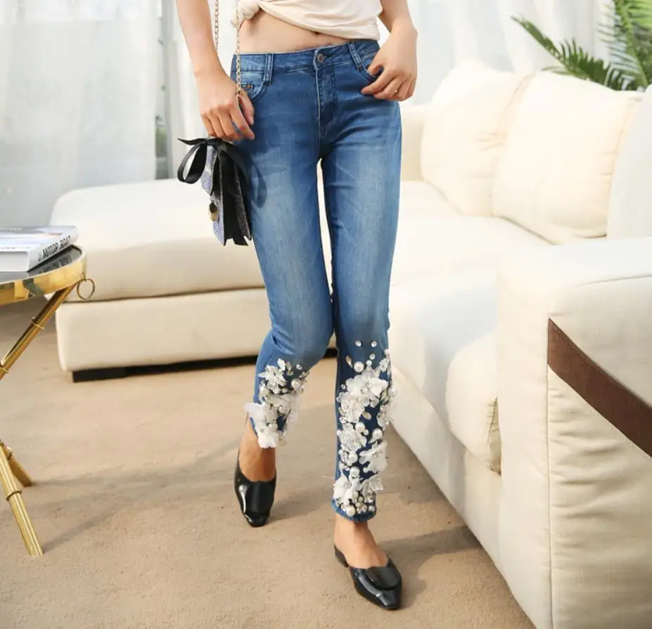 New Fashion Female Slim Beading Lace Flowers Denim Skinny Pencil Pants Trousers Rhinestones Diamond Streetwear Jeans