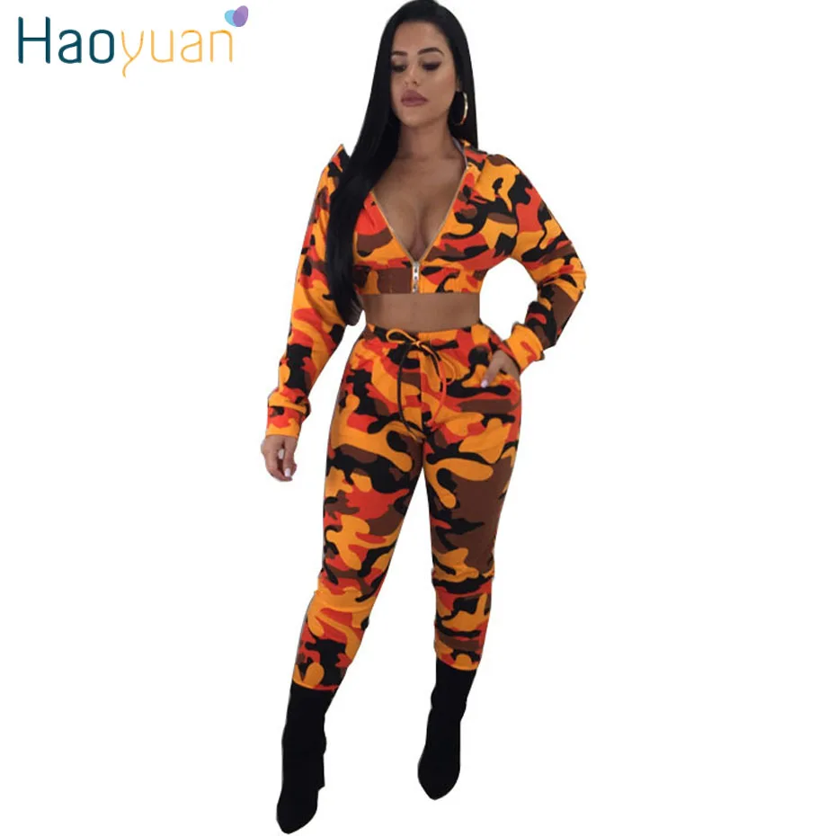 

HAOYUAN Autumn Camouflage 2 Piece Set Women Long Sleeve Camo Print Hooded Tops And Pants Casual Outfits Suit Two Piece Tracksuit
