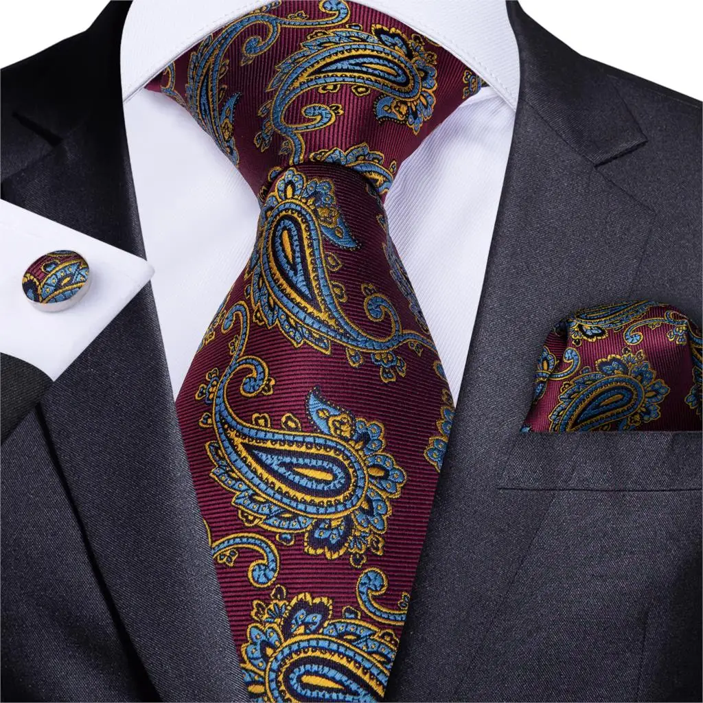 

New Designer Men Necktie Red Blue Paisley Wedding Tie For Men Hanky Cufflink Silk Tie Set DiBanGu Fashion Business Party MJ-7214