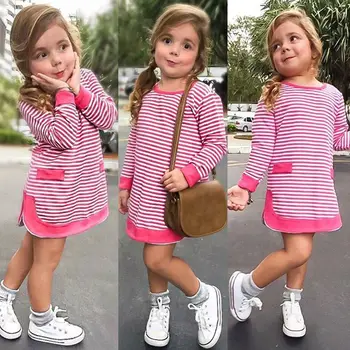 

Pudcoco Baby Girl Princess Dress Stripe 0-5T Baby Kids Girls Pageant Dresses Long Sleeve Autumn Spring Warm Outfits 2019 Newest