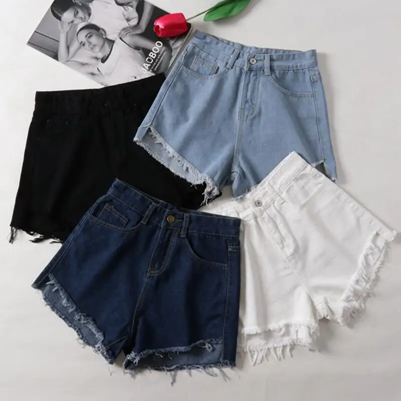 

Elegant Ripped Hem Denim Shorts 2019 New Summer Mid Waist Zipper Fly Casual Woman Bottoms Straight Leg Loose Shorts Jeans