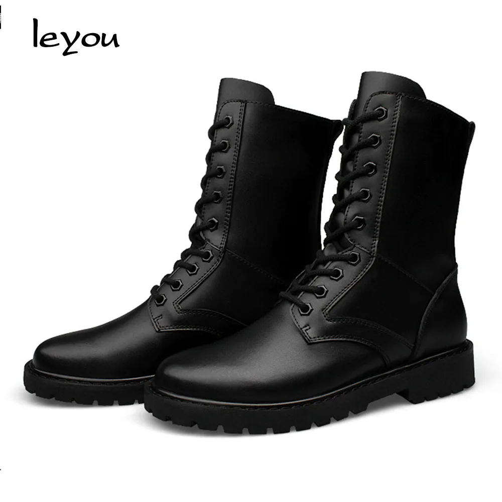 Leyou Mens Plus Size Boots Mid Calf Genuine Leathe...