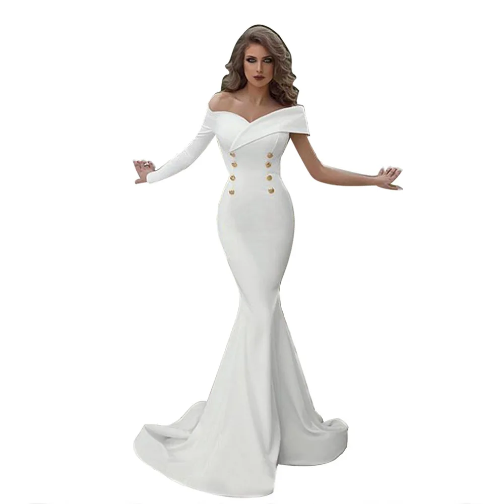 

Off Shoulder Mermaid Sexy Party Dresses Women 2019 Evening Gown Long Sleeves White Maxi Robe De Soiree Elegant Formal Dress