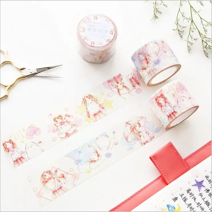 

35mm Wide Cartoon Pet Girl Happy Life story Washi Tape DIY Diary Decoration Planner Hand Scrapbook Sticker Label Masking Tape