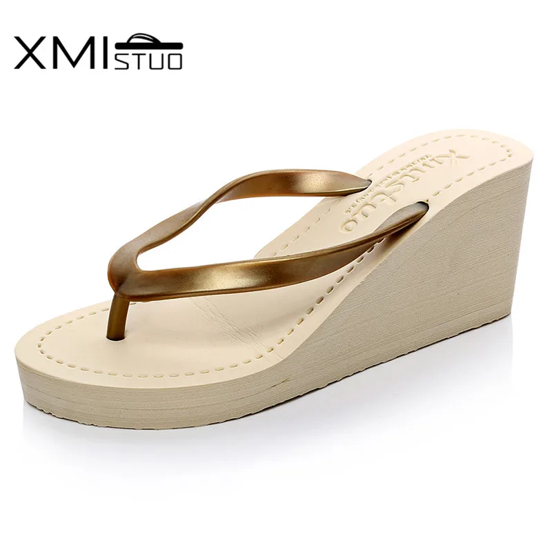 

XMISTUO Women Pu Flip Flops Female Summer Beach Wedges Slippers Water-resistant 7CM High-heeled Slippers 4 Color 7076W
