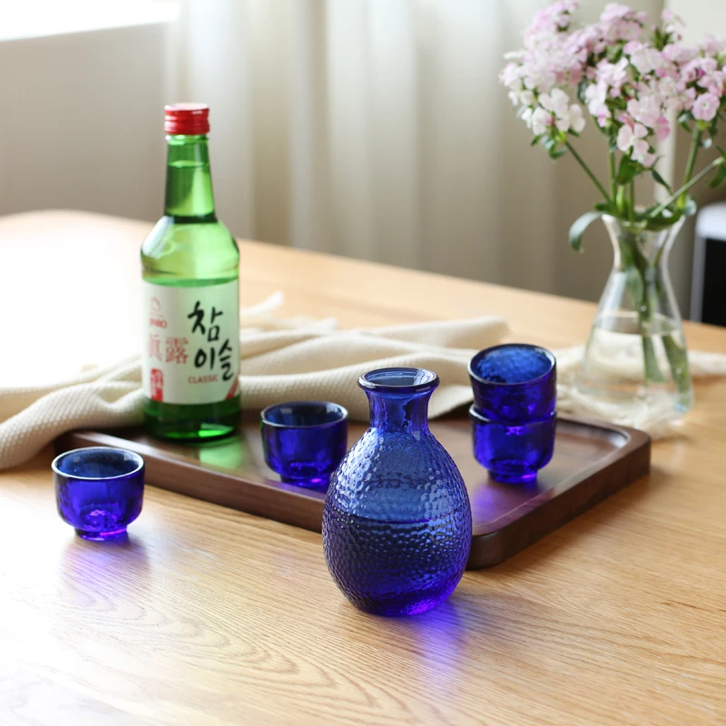 Творческий ручной работы японский Саке стеклянная бутылка синий кувшин и чашки ТАСС винный горшок маленький стеклянный ликер кувшины домашний бар посуда для напитков набор