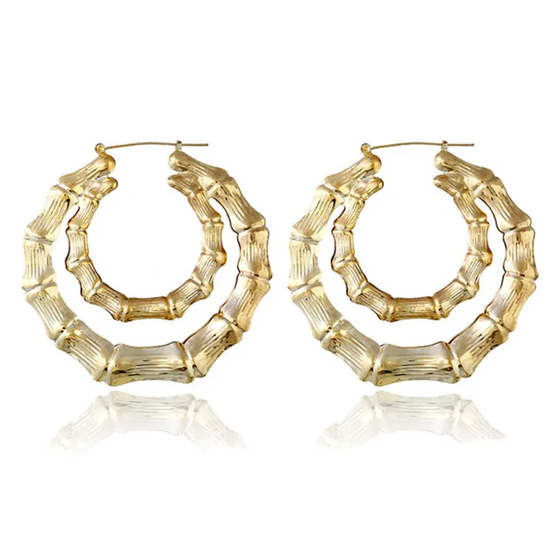 

Exaggerated Double Circle Bamboo Joint Hoop Earrings Punk Gold Silver Color Brincos for Women Statement Jewelry Oorbellen