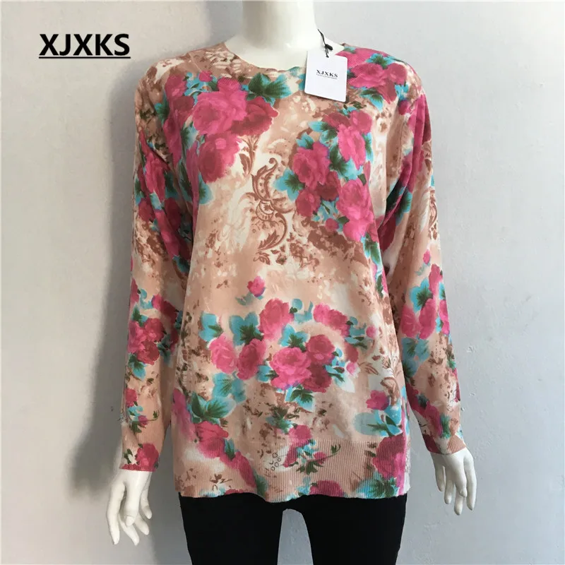 XJXKS женский модный свитер с цветочным принтом, круглым вырезом и длинными рукавами, пуловеры размера плюс, женская одежда, женские топы - Цвет: Style 3