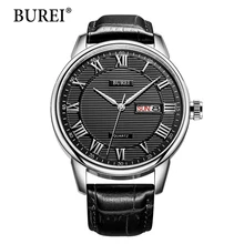 Hommes Montre BUREI Top Marque De Mode Mâle Heure Calendrier Affichage Véritable Bracelet En Cuir Étanche Quartz Montres Cadeau Vente Chaude