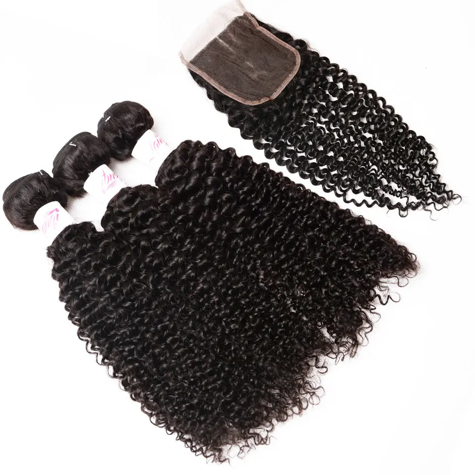 

Kinky Curly Hair 3 Bundles with Closure Indian Human Hair Weave Bundles Non Remy Hair Bundles With Closure LanQi Hair Extension