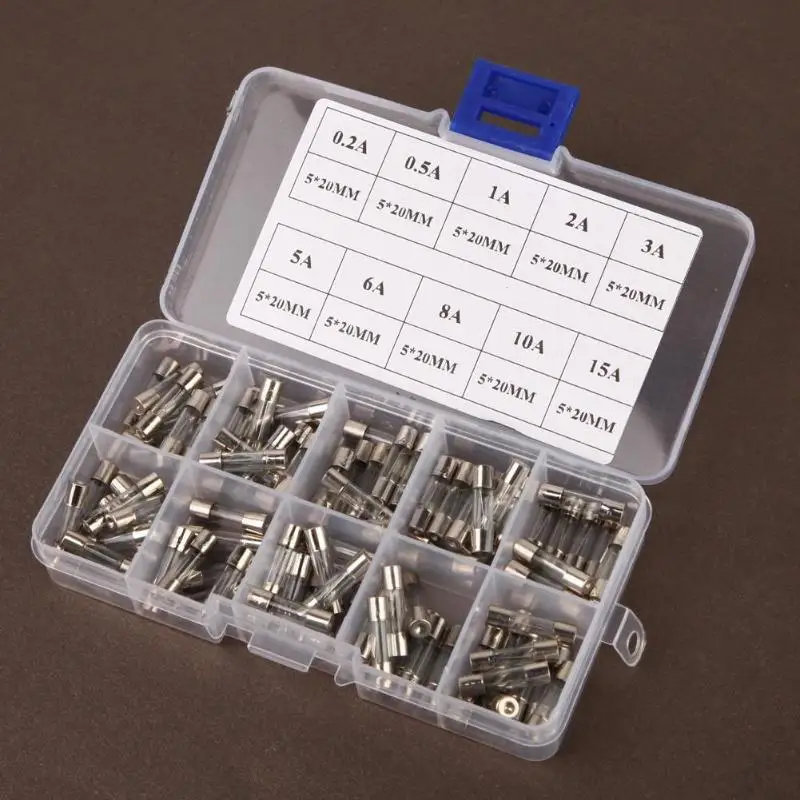100Pcs/lot 5x20mm Fast-blow Glass Tube Fuses Quick Blow Car Glass Tube Fuses Assorted Kit Amp 5X20 0.2/0.5/1/2/3/5/6/8/10/15A
