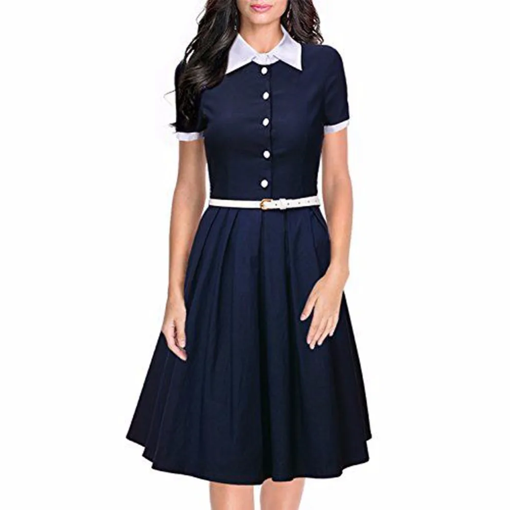 Preppy Style Women Casual Dresses With Belt Turn down Collar Short Sleeve Black Dresses for ...