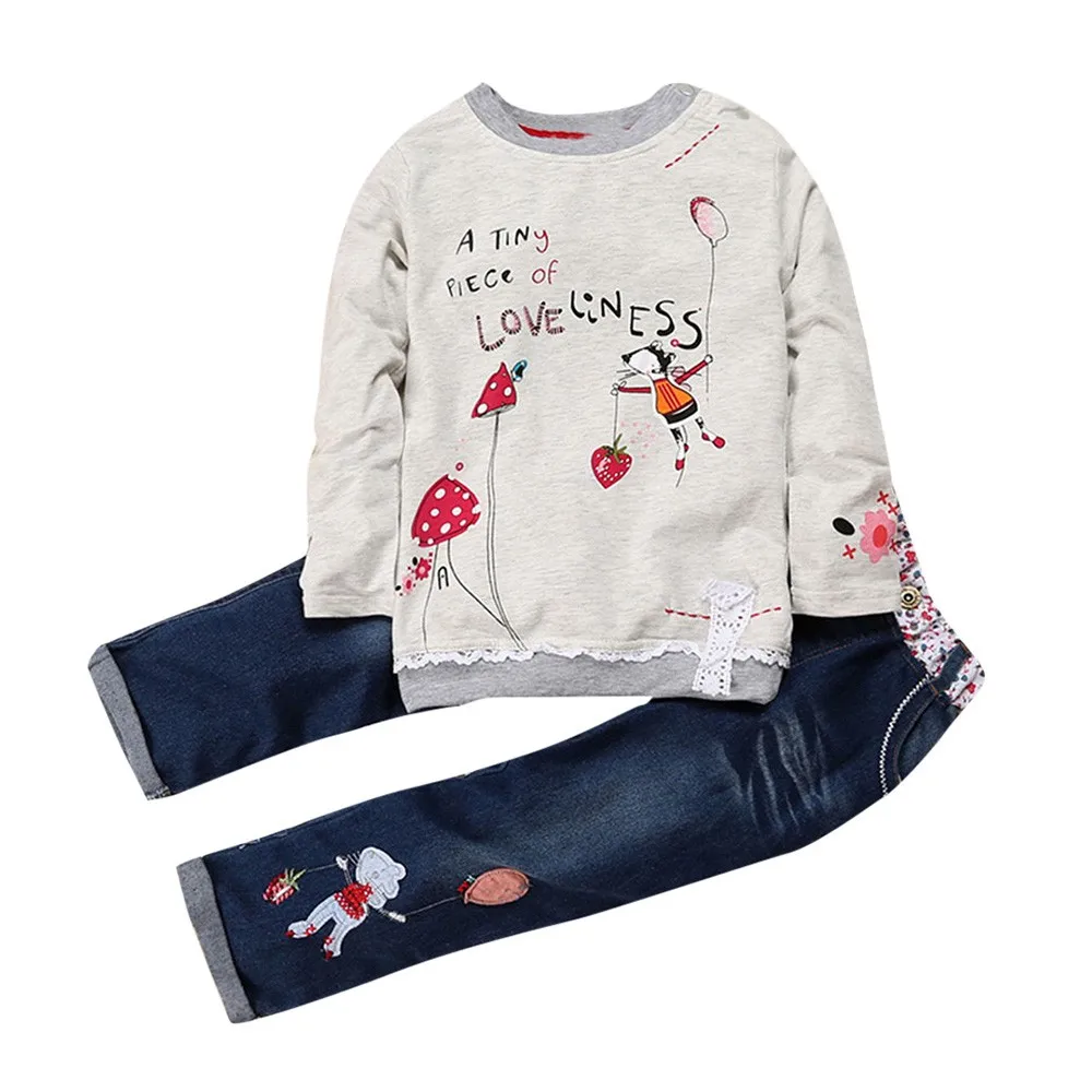 

Girls Clothing Sets Toddler Baby Girls Clothes Set Cotton Cartoon Print Tops Denim Jeans Pants Outfits Children Clothing Sets