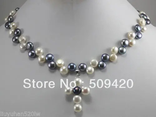 

7-8mm beautiful black & white cultured Pearl cross Pendants Necklace