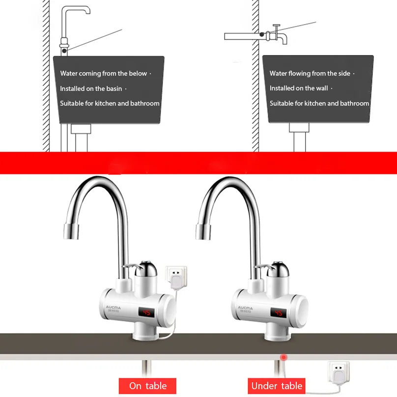 Instant Tankless Electric Hot Water Heater Faucet Kitchen Heating Tap Under and Lateral Water Inflow with LED Display UK EU Plug