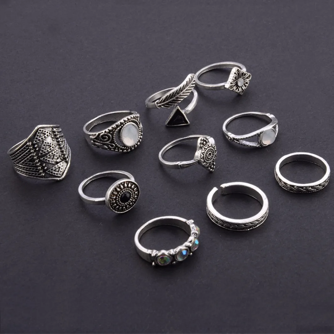 10pcs/set Vintage Steampunk Ring Sets Shellhard Punk Leaf StoneStacking Midi Finger Ring for Women Jewelry Female Anillos
