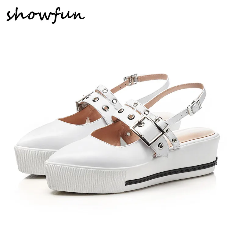 

Women's genuine leather slingback slip-on platform flats brand design pointed toe leisure rivet buckle summer espadrilles shoes
