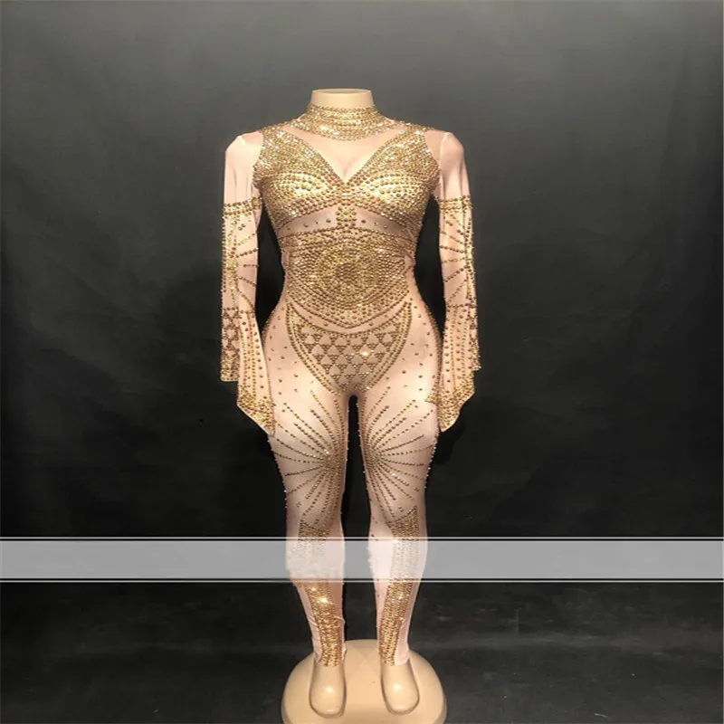 

S58 Gold diamonds women bodysuit singer Rhinestone jumpsuit catwalk outfit stafe wears dress ballroom dance costumes sexy gogo