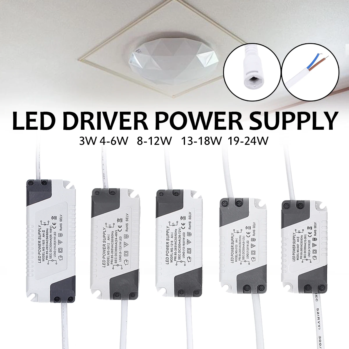 

LED Driver 300mA 85-265V Light Transformer Constant Current Power Supply for 3/4-7/8-12/13-18/19-24W Led Lamp Driver