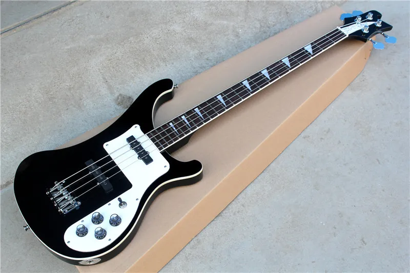 

Factory custom black body 4 strings R electric bass guitar with 2 pickups,chrome hardware,white pickguard,can be customized