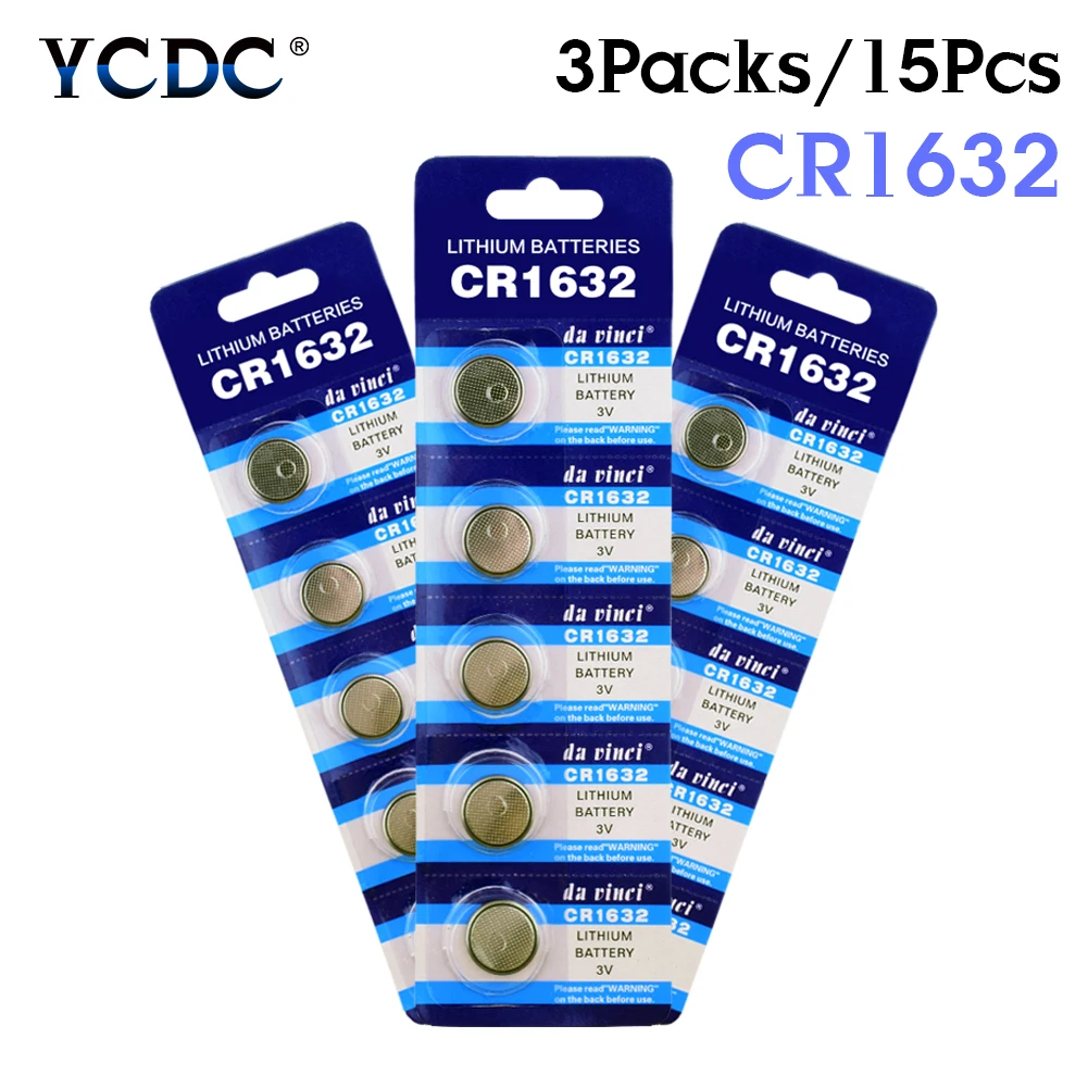 YCDC 15pieces 3V Li Ion Button Cells CR1632 Coin Batteries 1632 BR1632