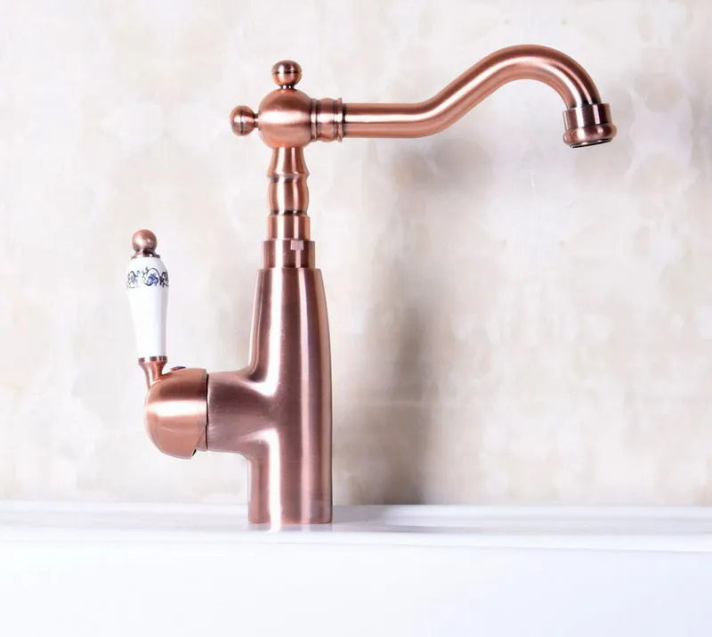 Vintage Red Copper Antique Brass Single Handle Swivel Spout Bathroom Basin Kitchen Sink Faucet Cold & Hot Mixer Tap anf133