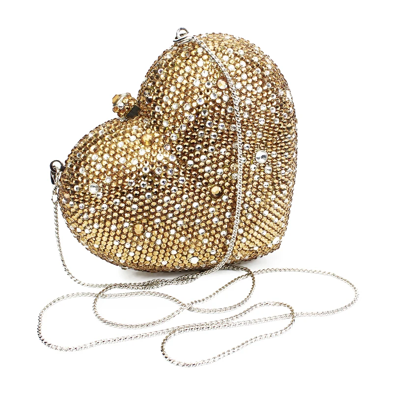 Gold Heart Shape Women Mini Crystal Clutches Evening Purses Wedding
