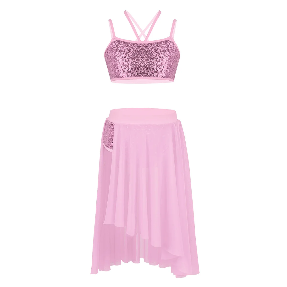 

2Pcs Kids Teen Lyrical Dance Dress Ballet Shiny Crop Top and Shorts Beveled Skirt Set Ballerina Costumes Girls Latin Outfit