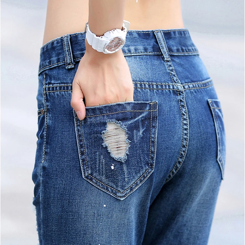 Свободные рваные джинсы брюки женские летние дырочки Femme Pantalon Плюс Размер 32 джинсовые синие брюки женские мальчики друг свободные шаровары