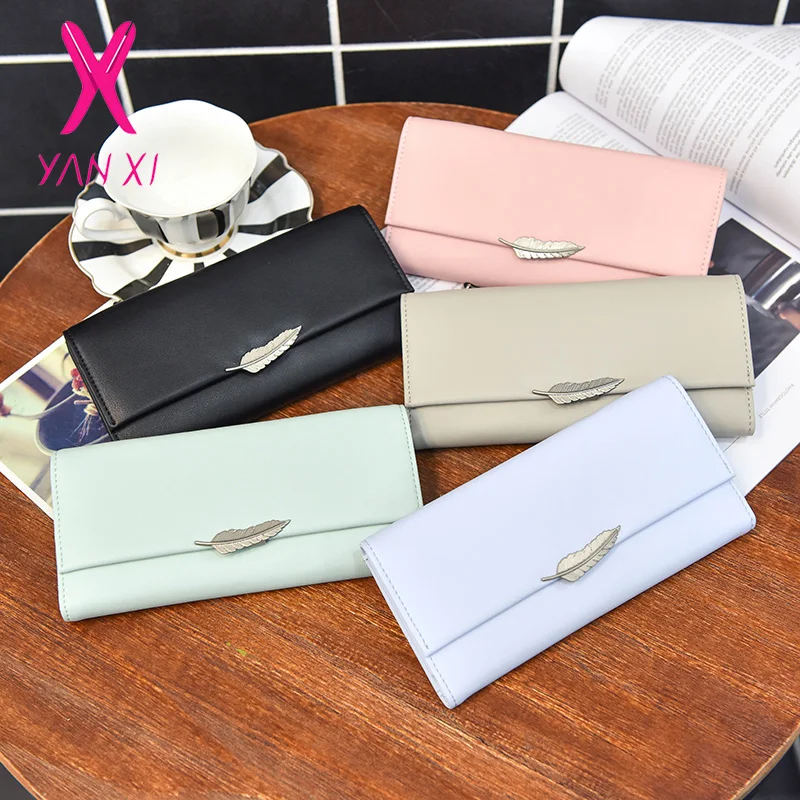 

YANXI Fashion 2Pcs/Set Wallet Long Clutch Brand Fold Solid Women Wallet Small Leaves Decoration Female Purse Long Section Purse