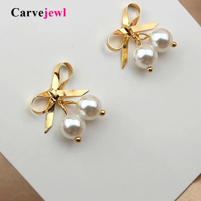 

Carvejewl Korean design drop earrings metal bow knot simulated pearl dangle earrings for women jewelry chic romantic cute earing