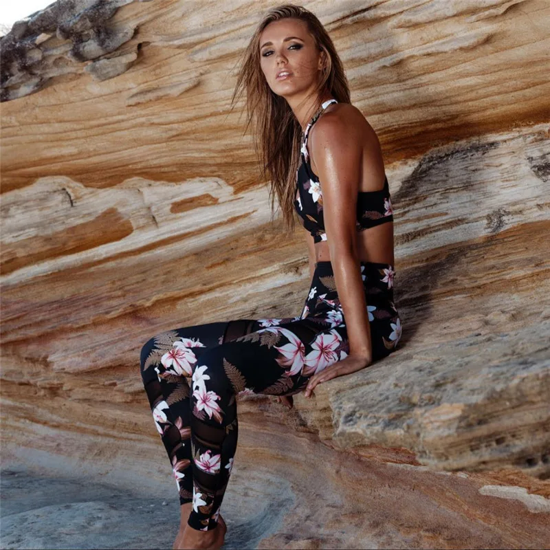 Women 2 Piece Yoga Set Gym Fitness Clothes Floral Print Bra+Long Pants Running Tights Jogging Workout Yoga Leggings Sport suit 