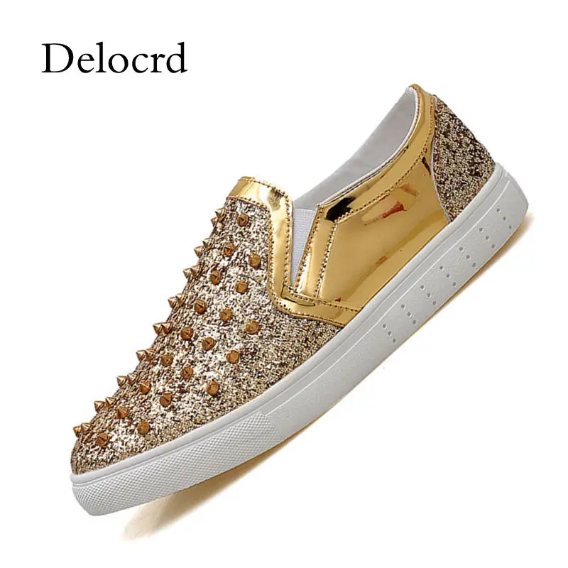 

Luxury Gold Black Spikes Rivet Shoes Rhinestones Glitter Men Loafers Smoking Loafers Casual Shoes Party Dress Men's Flats