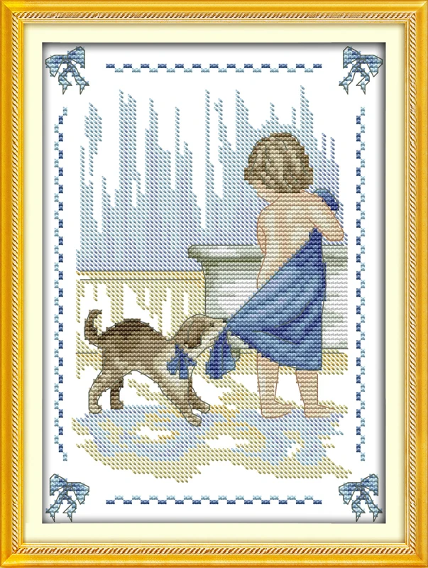 

Bathe cross stitch kit little boy and dog kids 14ct 11ct count print canvas stitches embroidery DIY dreamcreate needlework plus