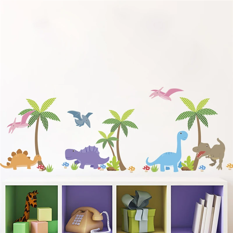 

colorful dinosaur coconut tree wall stickers for kids rooms home decor cartoon wall decals pvc mural art diy wallpaper